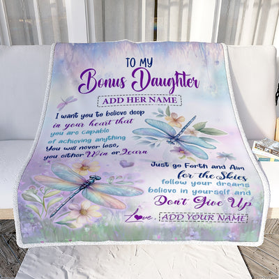 Personalized To My Bonus Daughter Gifts From Step Mom Blanket Don't Give Up Dragonfly Gifts For Stepdaughter Birthday Graduation Christmas Fleece Blanket | siriusteestore