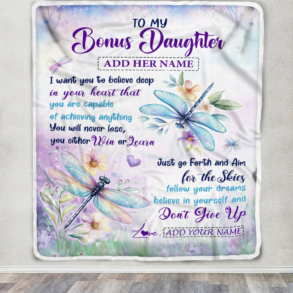 Personalized To My Bonus Daughter Gifts From Step Mom Blanket Don't Give Up Dragonfly Gifts For Stepdaughter Birthday Graduation Christmas Fleece Blanket | siriusteestore