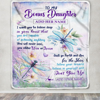 Personalized To My Bonus Daughter Gifts From Step Mom Blanket Don't Give Up Dragonfly Gifts For Stepdaughter Birthday Graduation Christmas Fleece Blanket | siriusteestore