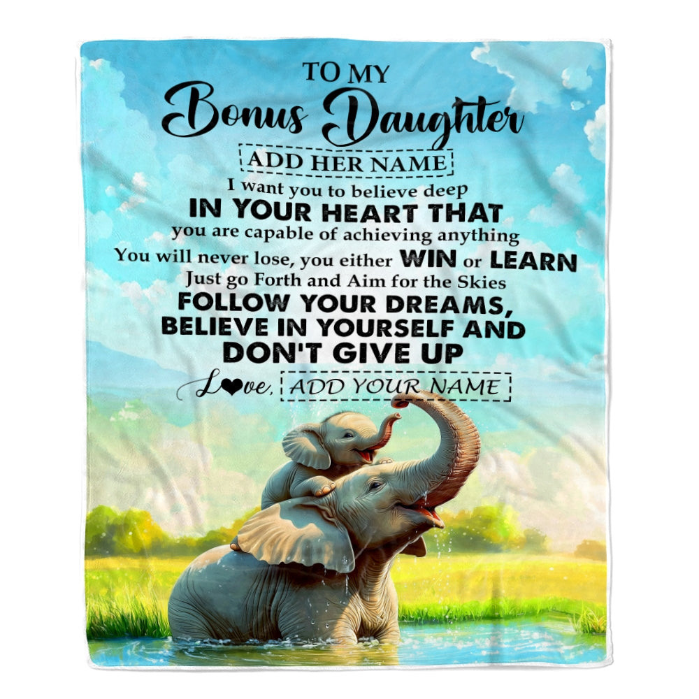 Personalized To My Bonus Daughter Gifts From Step Mom Blanket Don't Give Up Elephant Gifts For Stepdaughter Birthday Graduation Christmas Fleece Blanket | siriusteestore