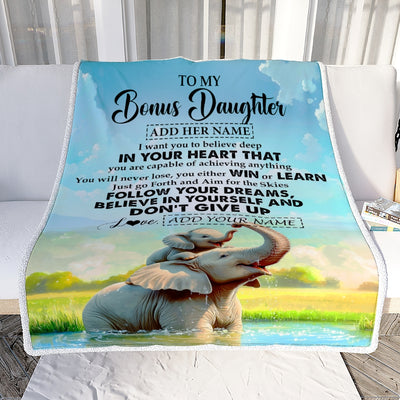 Personalized To My Bonus Daughter Gifts From Step Mom Blanket Don't Give Up Elephant Gifts For Stepdaughter Birthday Graduation Christmas Fleece Blanket | siriusteestore