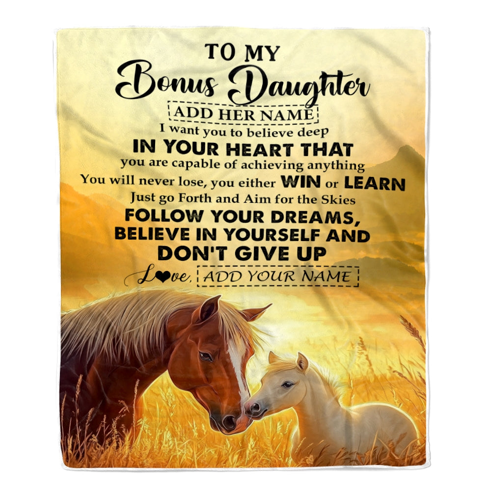 Personalized To My Bonus Daughter Gifts From Step Mom Blanket Don't Give Up Horse Gifts For Stepdaughter Birthday Graduation Christmas Custom Fleece Blanket | siriusteestore