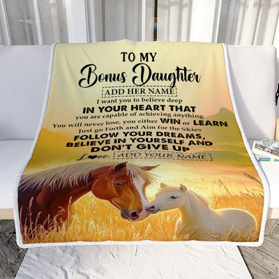 Personalized To My Bonus Daughter Gifts From Step Mom Blanket Don't Give Up Horse Gifts For Stepdaughter Birthday Graduation Christmas Custom Fleece Blanket | siriusteestore