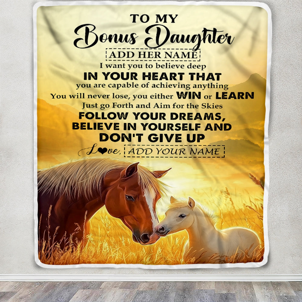 Personalized To My Bonus Daughter Gifts From Step Mom Blanket Don't Give Up Horse Gifts For Stepdaughter Birthday Graduation Christmas Custom Fleece Blanket | siriusteestore