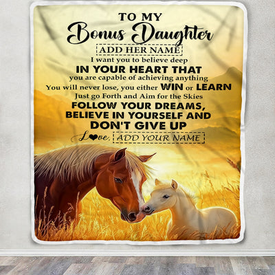 Personalized To My Bonus Daughter Gifts From Step Mom Blanket Don't Give Up Horse Gifts For Stepdaughter Birthday Graduation Christmas Custom Fleece Blanket | siriusteestore