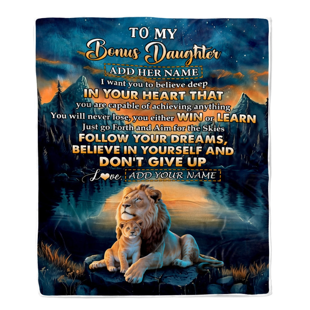 Personalized To My Bonus Daughter Gifts From Step Mom Blanket Don't Give Up Lion Gifts For Stepdaughter Birthday Graduation Christmas Customized Fleece Blanket | siriusteestore