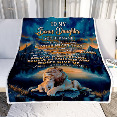 Personalized To My Bonus Daughter Gifts From Step Mom Blanket Don't Give Up Lion Gifts For Stepdaughter Birthday Graduation Christmas Customized Fleece Blanket | siriusteestore