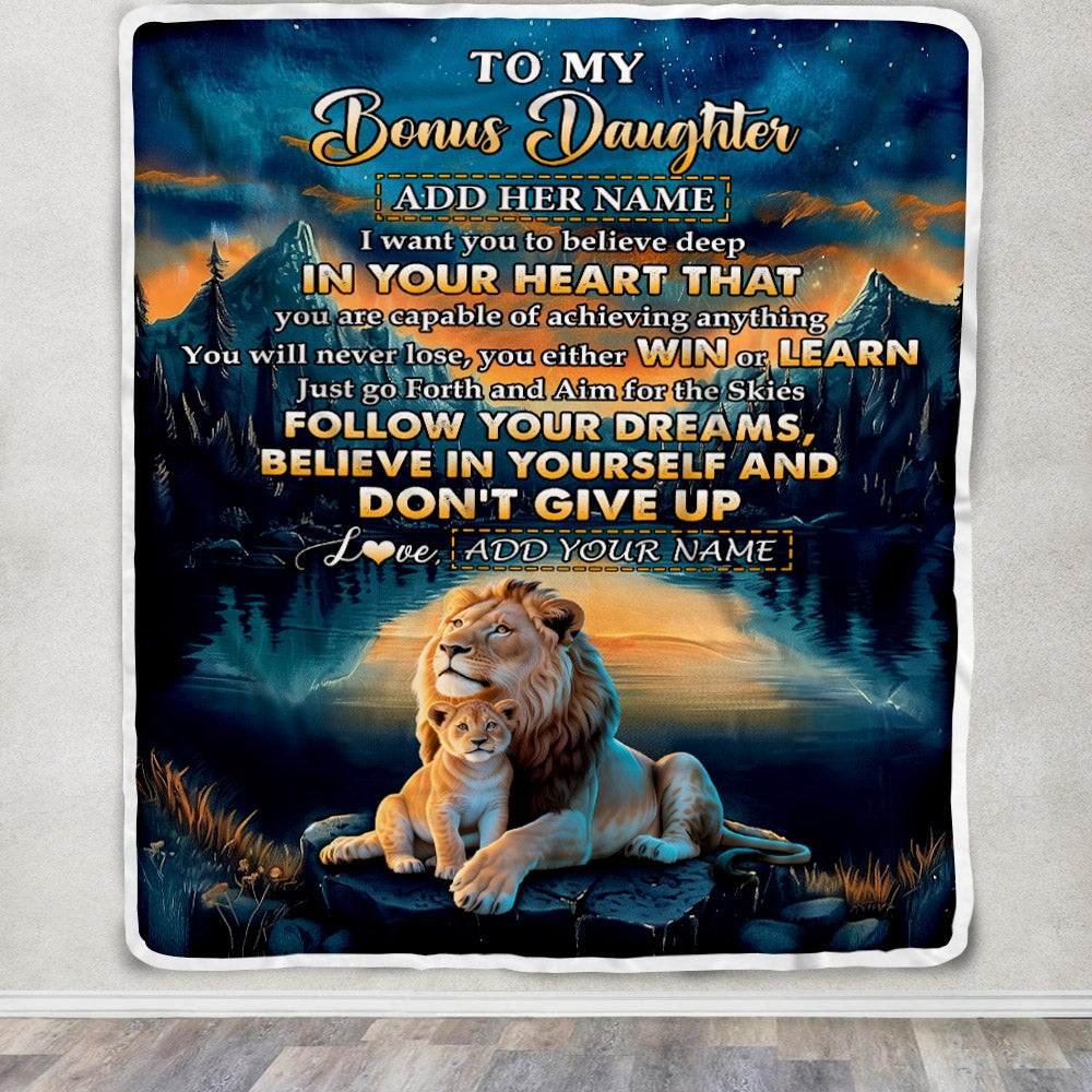 Personalized To My Bonus Daughter Gifts From Step Mom Blanket Don't Give Up Lion Gifts For Stepdaughter Birthday Graduation Christmas Customized Fleece Blanket | siriusteestore