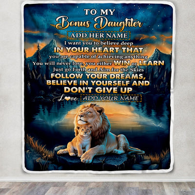 Personalized To My Bonus Daughter Gifts From Step Mom Blanket Don't Give Up Lion Gifts For Stepdaughter Birthday Graduation Christmas Customized Fleece Blanket | siriusteestore