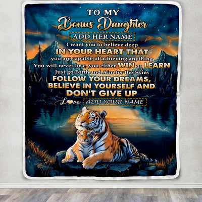 Personalized To My Bonus Daughter Gifts From Step Mom Blanket Don't Give Up Tiger Gifts For Stepdaughter Birthday Graduation Christmas Custom Fleece Blanket | siriusteestore