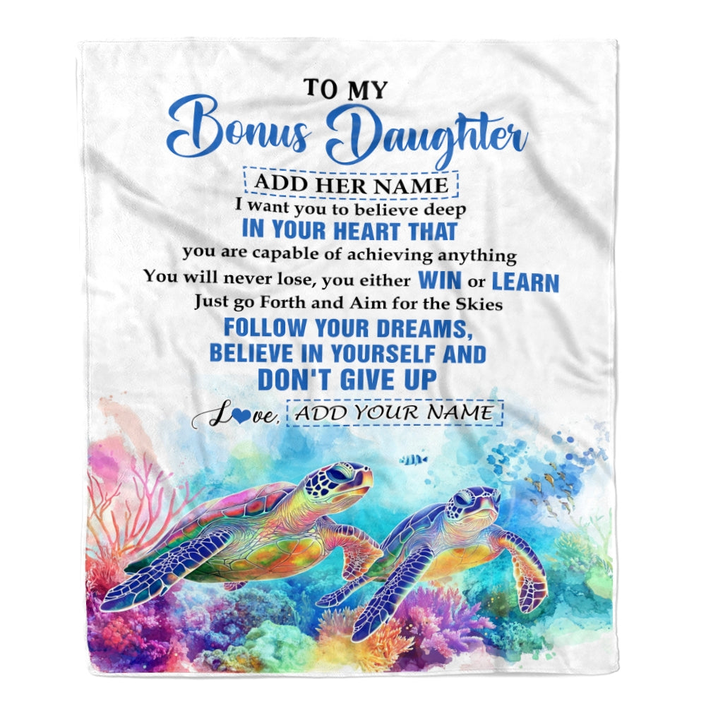 Personalized To My Bonus Daughter Gifts From Step Mom Blanket Don't Give Up Turtle Gifts For Stepdaughter Birthday Graduation Christmas Custom Fleece Blanket | siriusteestore