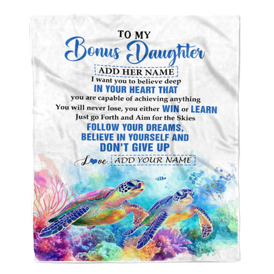 Personalized To My Bonus Daughter Gifts From Step Mom Blanket Don't Give Up Turtle Gifts For Stepdaughter Birthday Graduation Christmas Custom Fleece Blanket | siriusteestore