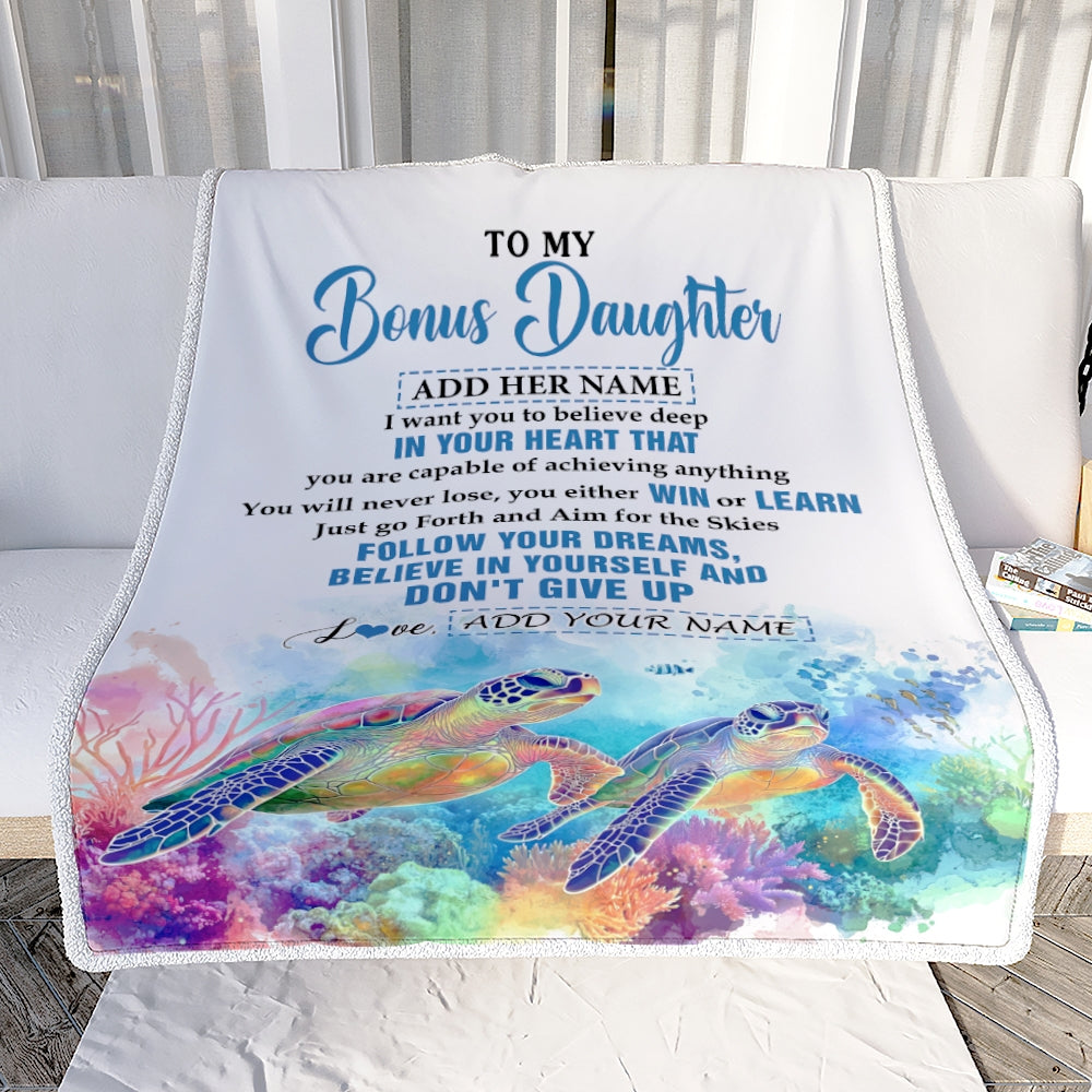 Personalized To My Bonus Daughter Gifts From Step Mom Blanket Don't Give Up Turtle Gifts For Stepdaughter Birthday Graduation Christmas Custom Fleece Blanket | siriusteestore