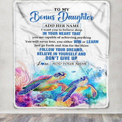 Personalized To My Bonus Daughter Gifts From Step Mom Blanket Don't Give Up Turtle Gifts For Stepdaughter Birthday Graduation Christmas Custom Fleece Blanket | siriusteestore