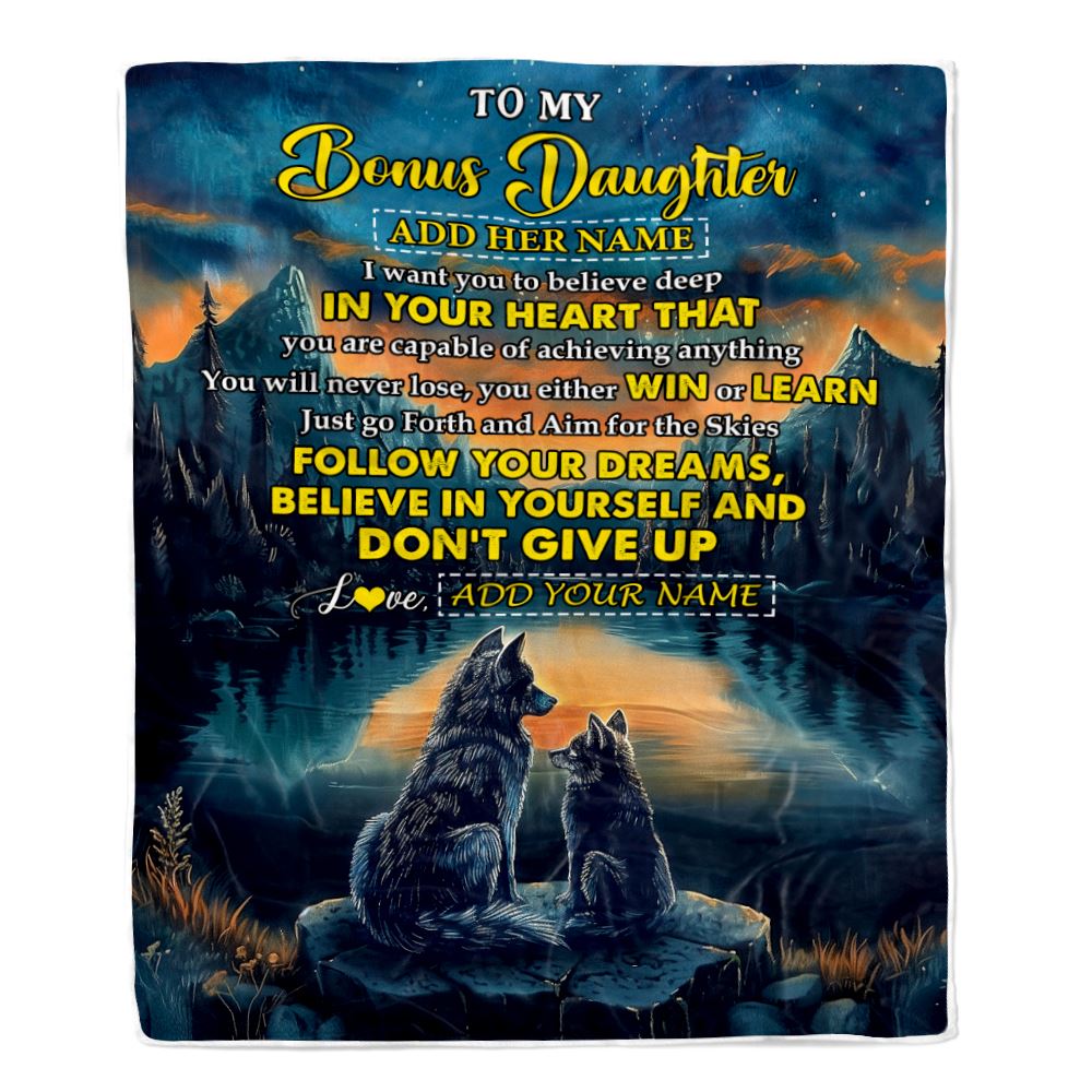 Personalized To My Bonus Daughter Gifts From Step Mom Blanket Don't Give Up Wolf Gifts For Stepdaughter Birthday Graduation Christmas Customized Fleece Blanket | siriusteestore