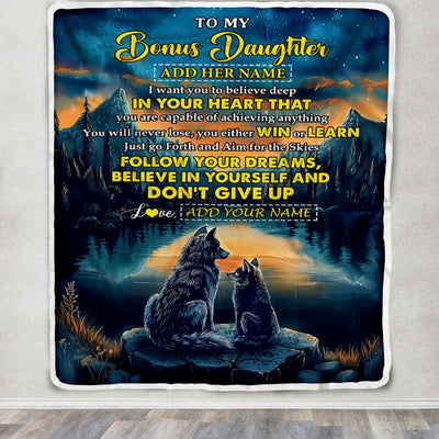 Personalized To My Bonus Daughter Gifts From Step Mom Blanket Don't Give Up Wolf Gifts For Stepdaughter Birthday Graduation Christmas Customized Fleece Blanket | siriusteestore