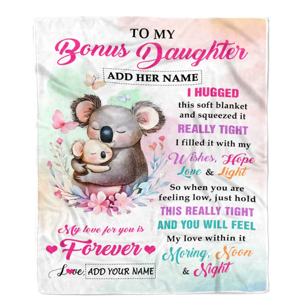 Personalized To My Bonus Daughter Gifts From Step Mom Blanket Koala Letter I Hugged This Gifts For Stepdaughter Birthday Graduation Christmas Fleece Blanket | siriusteestore
