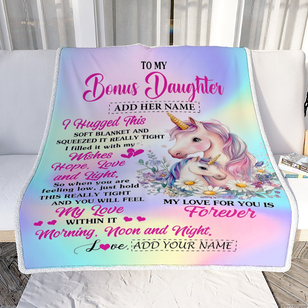 Personalized To My Bonus Daughter Gifts From Step Mom Blanket Unicorn Letter I Hugged This Gifts For Stepdaughter Birthday Graduation Christmas Fleece Blanket | siriusteestore