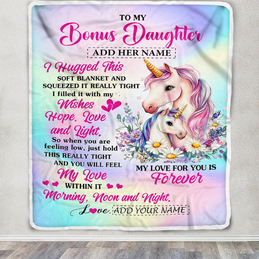 Personalized To My Bonus Daughter Gifts From Step Mom Blanket Unicorn Letter I Hugged This Gifts For Stepdaughter Birthday Graduation Christmas Fleece Blanket | siriusteestore