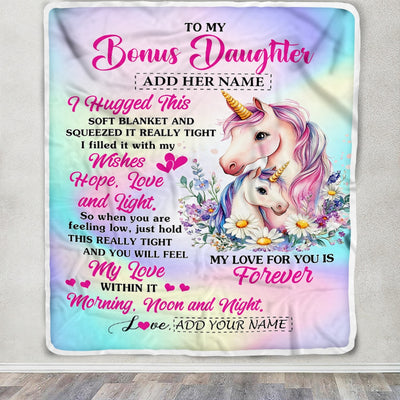 Personalized To My Bonus Daughter Gifts From Step Mom Blanket Unicorn Letter I Hugged This Gifts For Stepdaughter Birthday Graduation Christmas Fleece Blanket | siriusteestore