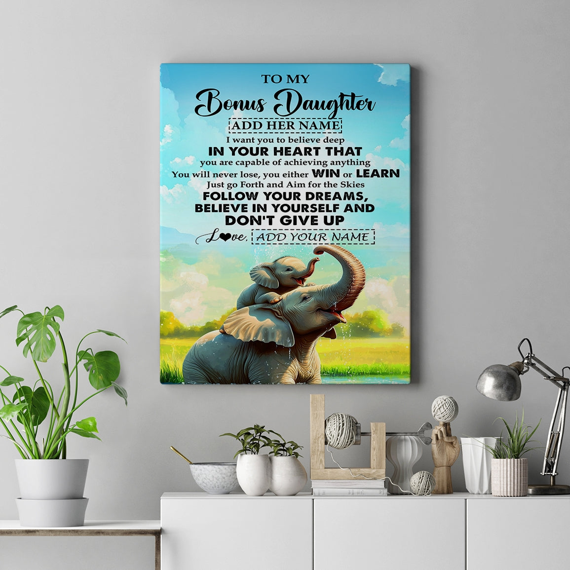 Personalized To My Bonus Daughter Gifts From Step Mom Canvas Don't Give Up Elephant Gifts For Stepdaughter Birthday Gifts Graduation Christmas Custom Art Framed Canvas | siriusteestore