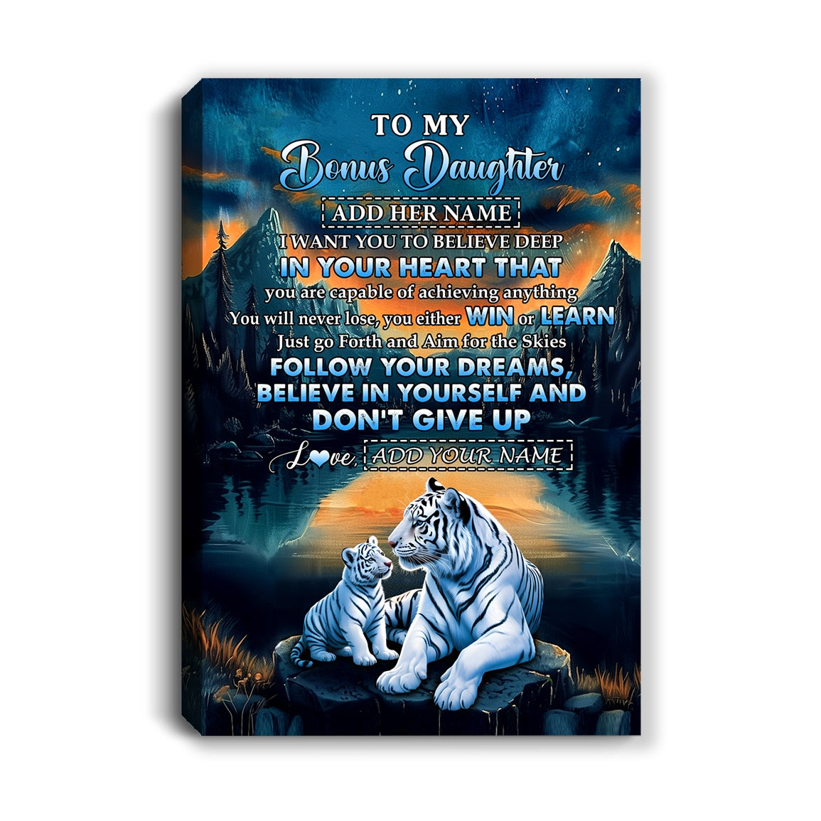 Personalized To My Bonus Daughter Gifts From Step Mom Canvas Don't Give Up White Tiger Gifts For Stepdaughter Birthday Graduation Christmas Custom Wall Art Framed Canvas | siriusteestore