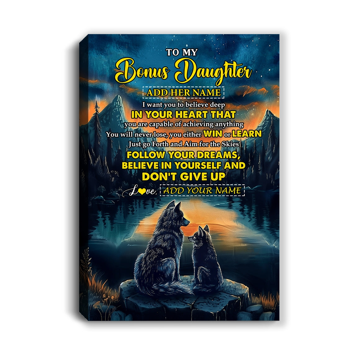 Personalized To My Bonus Daughter Gifts From Step Mom Canvas Don't Give Up Wolf Gifts For Stepdaughter Birthday Graduation Christmas Custom Wall Art Print Framed Canvas | siriusteestore
