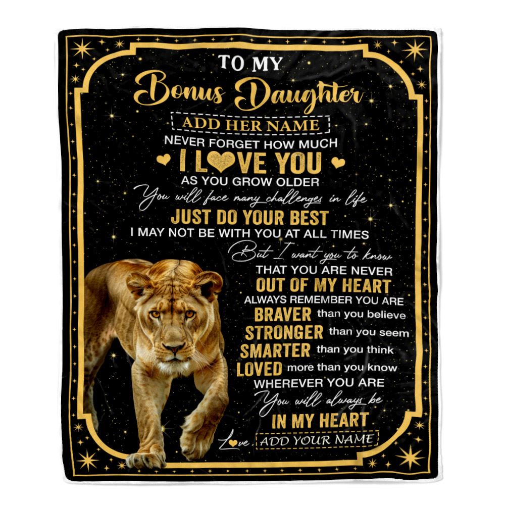 Personalized To My Bonus Daughter Gifts From Step Mom Dad Blanket Lion I Love You Graduation Birthday Gifts For Stepdaughter Christmas Customized Fleece Blanket | siriusteestore