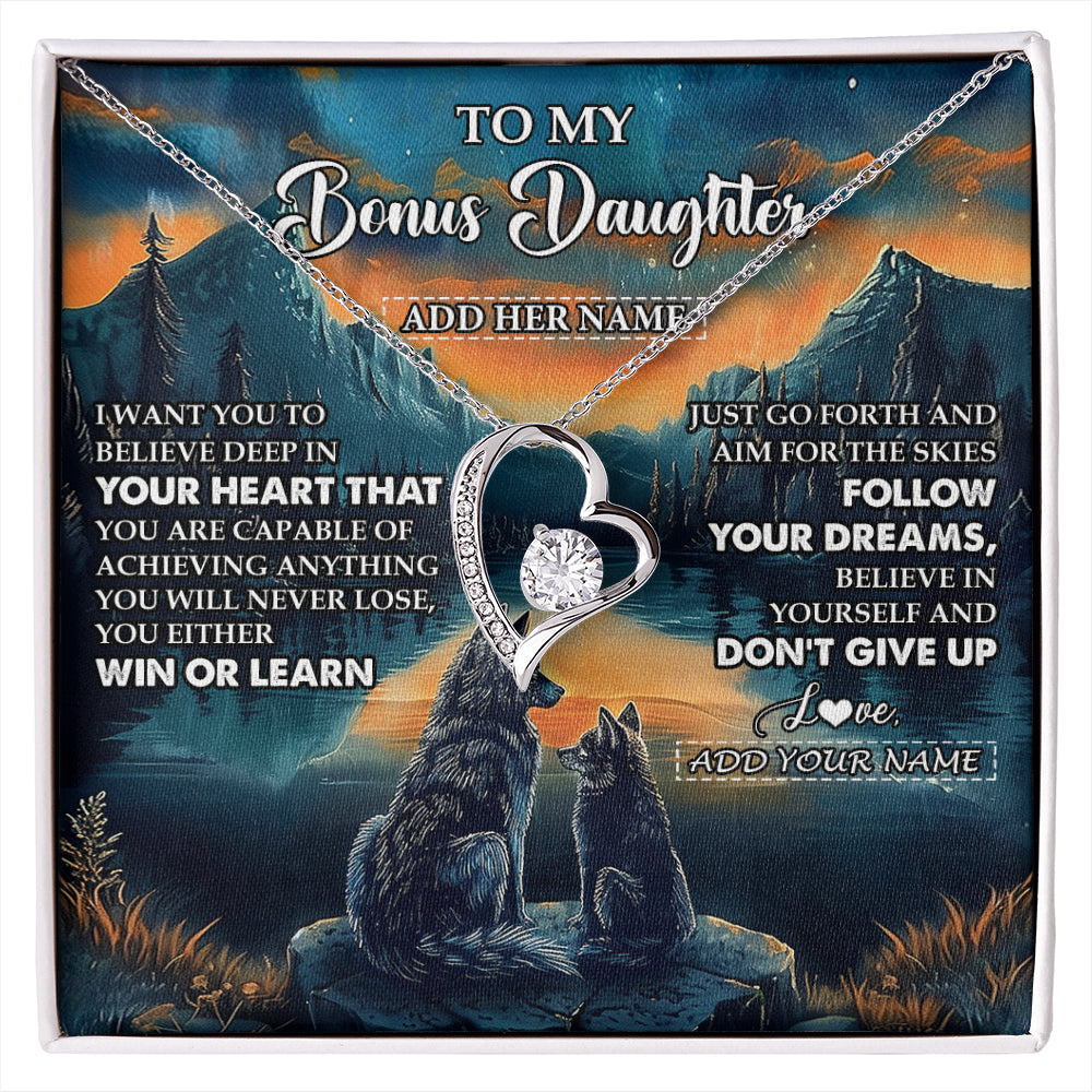 Forever Love Necklace 14K White Gold Finish | 1 | Personalized To My Bonus Daughter Gifts From Step Mom Necklace Don't Give Up Wolf Gifts For Stepdaughter Birthday Graduation Christmas Gift Box Message Card | siriusteestore