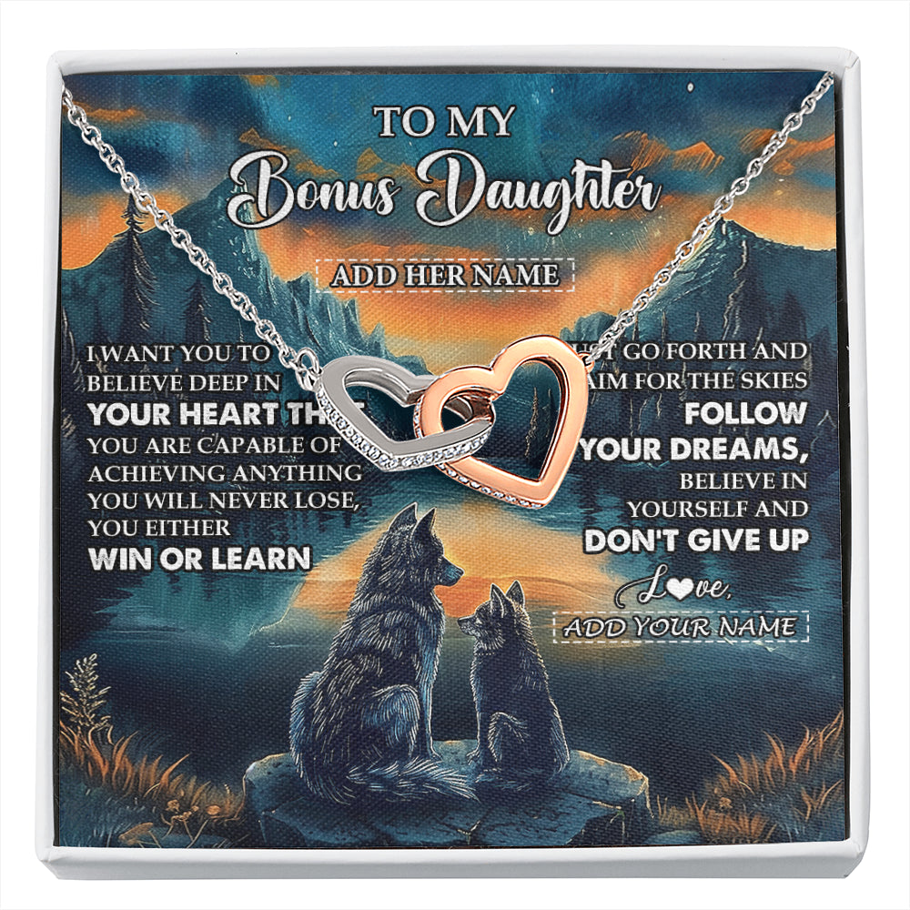 Interlocking Hearts Necklace Stainless Steel & Rose Gold Finish | 1 | Personalized To My Bonus Daughter Gifts From Step Mom Necklace Don't Give Up Wolf Gifts For Stepdaughter Birthday Graduation Christmas Gift Box Message Card | siriusteestore