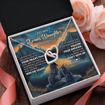 Interlocking Hearts Necklace Stainless Steel & Rose Gold Finish | 2 | Personalized To My Bonus Daughter Gifts From Step Mom Necklace Don't Give Up Wolf Gifts For Stepdaughter Birthday Graduation Christmas Gift Box Message Card | siriusteestore