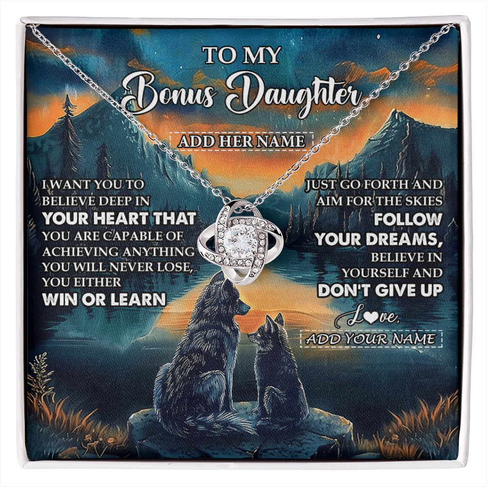 Love Knot Necklace 14K White Gold Finish | 1 | Personalized To My Bonus Daughter Gifts From Step Mom Necklace Don't Give Up Wolf Gifts For Stepdaughter Birthday Graduation Christmas Gift Box Message Card | siriusteestore