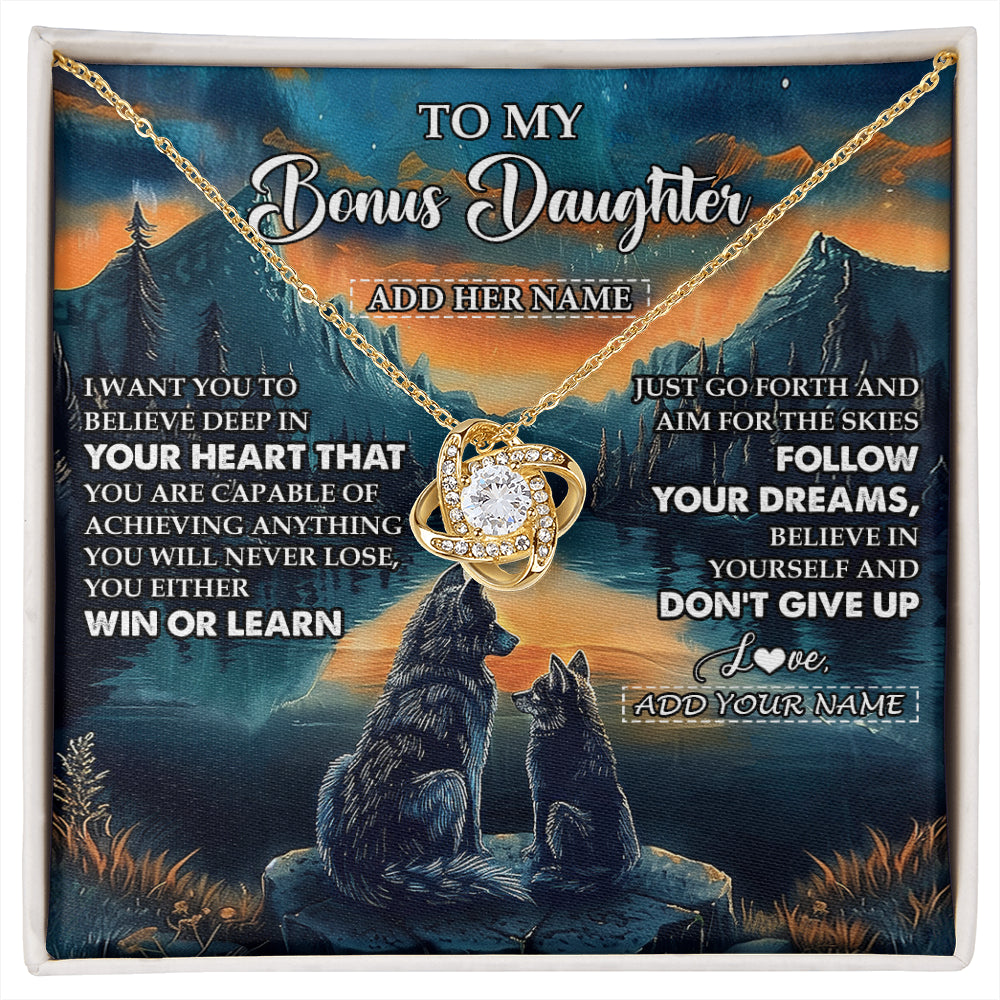 Love Knot Necklace 18K Yellow Gold Finish | 1 | Personalized To My Bonus Daughter Gifts From Step Mom Necklace Don't Give Up Wolf Gifts For Stepdaughter Birthday Graduation Christmas Gift Box Message Card | siriusteestore