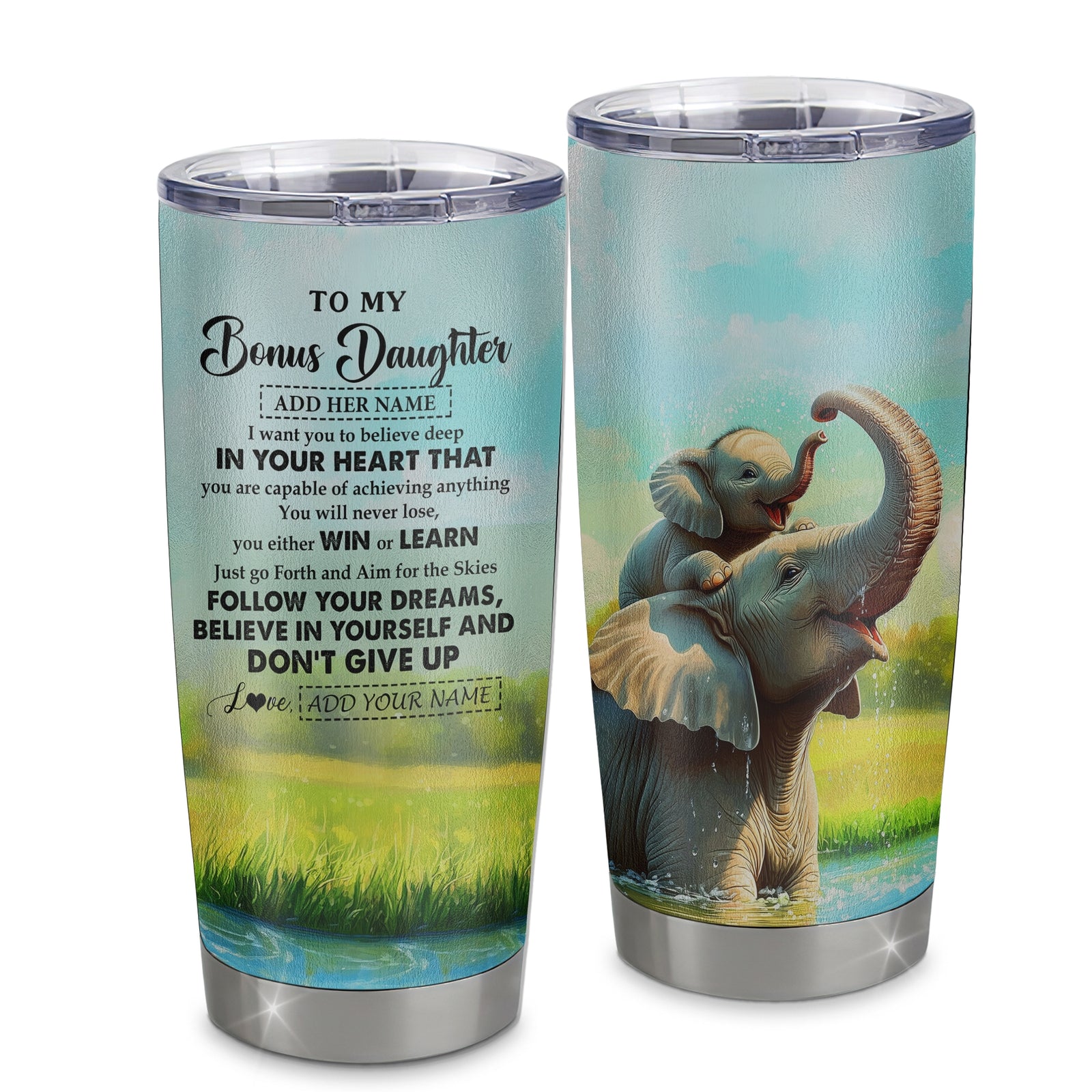 Personalized To My Bonus Daughter Gifts From Step Mom Tumbler Don't Give Up Elephant Gifts For Stepdaughter Birthday Graduation Christmas Custom Stainless Steel Mug | siriusteestore