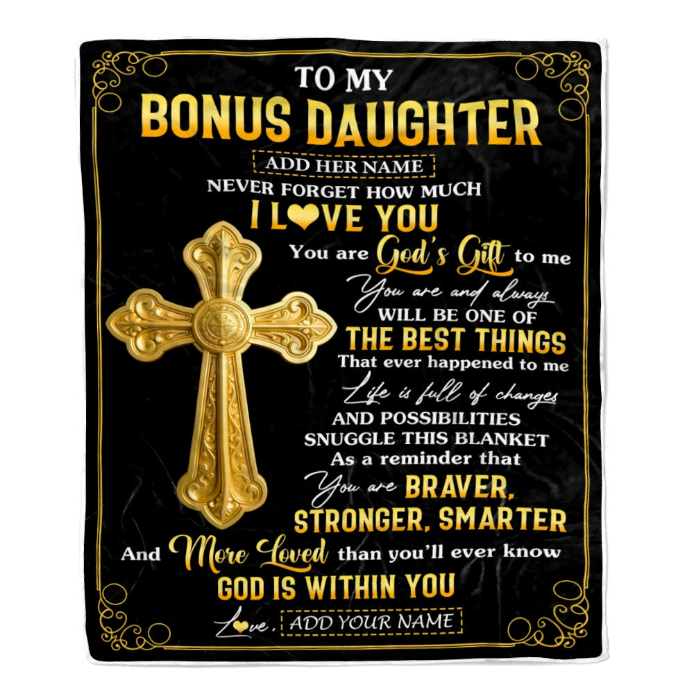 Personalized To My Bonus Daughter Gifts From Stepdad Blanket Christian God Is With You Gifts For Stepdaughter Birthday Present Christmas Custom Fleece Blanket | siriusteestore