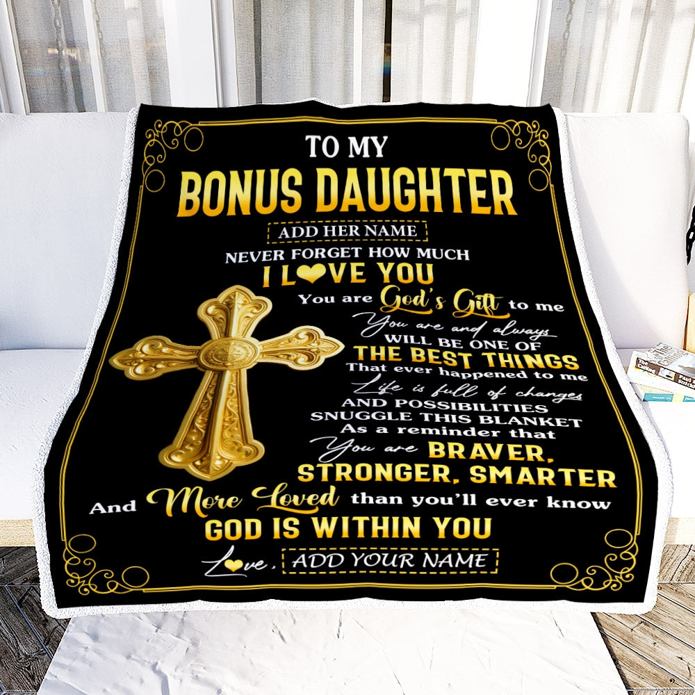 Personalized To My Bonus Daughter Gifts From Stepdad Blanket Christian God Is With You Gifts For Stepdaughter Birthday Present Christmas Custom Fleece Blanket | siriusteestore