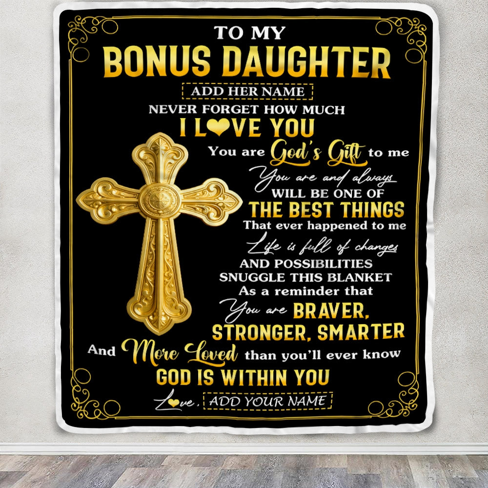 Personalized To My Bonus Daughter Gifts From Stepdad Blanket Christian God Is With You Gifts For Stepdaughter Birthday Present Christmas Custom Fleece Blanket | siriusteestore