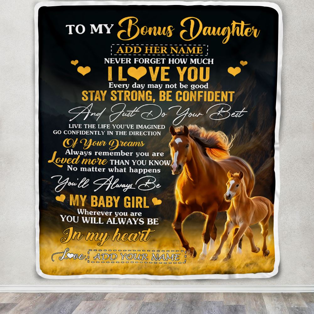 Personalized To My Bonus Daughter Gifts From Stepdad Blanket Horse Never Forget How Much I Love You Stepdaughter Birthday Graduation Christmas Fleece Blanket | siriusteestore