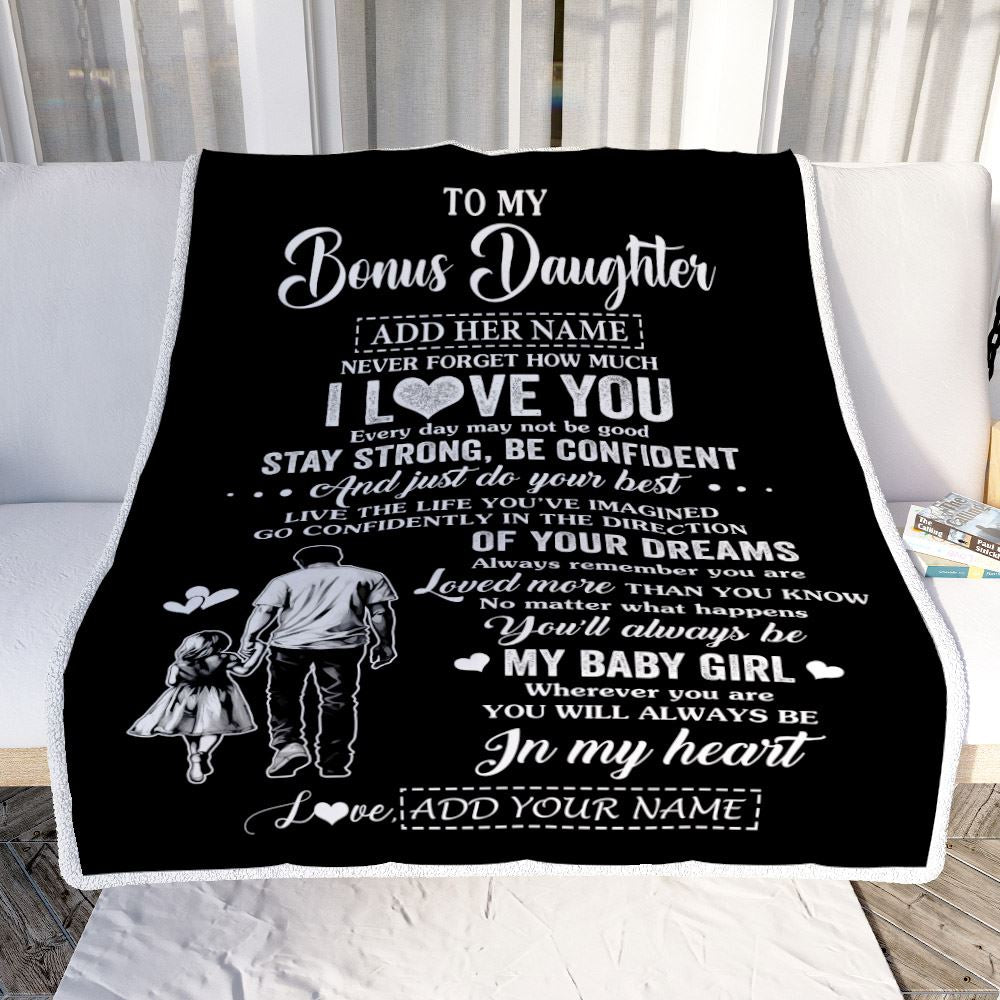 Personalized To My Bonus Daughter Gifts From Stepdad Blanket Never Forget How Much I Love You Stepdaughter Birthday Graduation Christmas Fleece Throw Blanket | siriusteestore