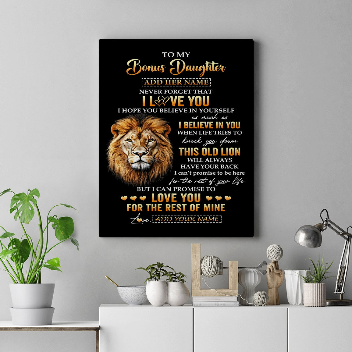 Personalized To My Bonus Daughter Gifts From Stepdad Canvas Old Lion Love You Stepdaughter Birthday Gifts Graduation Christmas Custom Wall Art Print Framed Canvas | siriusteestore