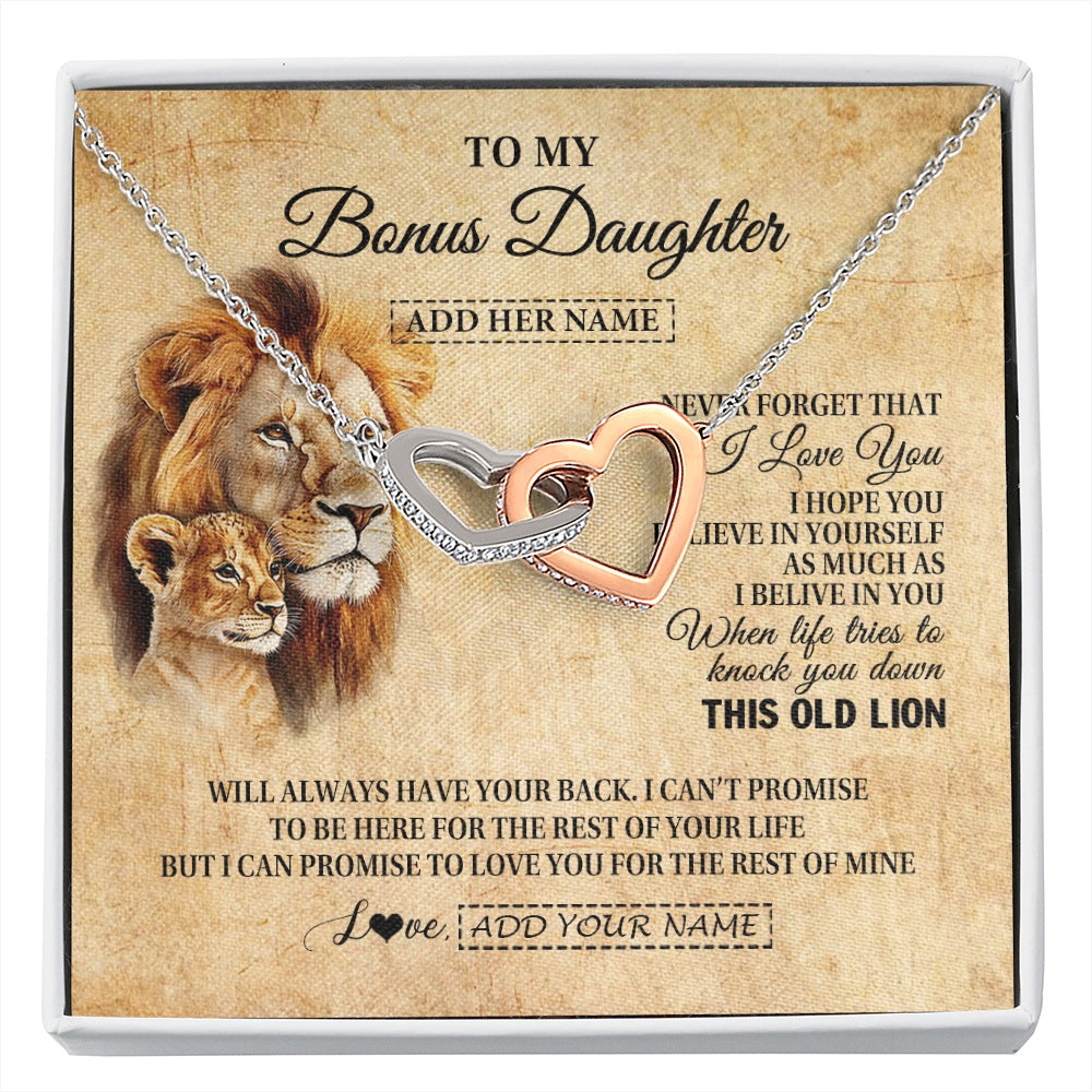 Interlocking Hearts Necklace Stainless Steel & Rose Gold Finish | 1 | Personalized To My Bonus Daughter Gifts From Stepdad Lion Necklace I Love You Stepdaughter Birthday Gifts Graduation Christmas Custom Gift Box Message Card | siriusteestore.myshopify