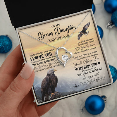 Forever Love Necklace 14K White Gold Finish | 2 | Personalized To My Bonus Daughter Gifts From Stepdad Necklace Eagle Never Forget How Much I Love You Stepdaughter Birthday Christmas Gift Box Message Card | siriusteestore.myshopify
