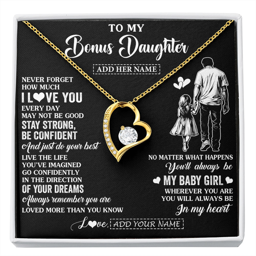Forever Love Necklace 18K Yellow Gold Finish | 1 | Personalized To My Bonus Daughter Gifts From Stepdad Necklace Never Forget How Much I Love You Stepdaughter Birthday Graduation Christmas Gift Box Message Card | https://siriusteestore.