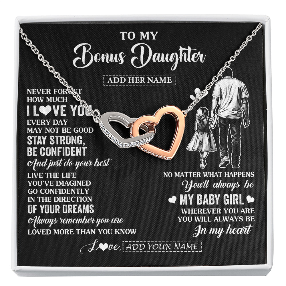 Interlocking Hearts Necklace Stainless Steel & Rose Gold Finish | 1 | Personalized To My Bonus Daughter Gifts From Stepdad Necklace Never Forget How Much I Love You Stepdaughter Birthday Graduation Christmas Gift Box Message Card | https://siriusteestore.