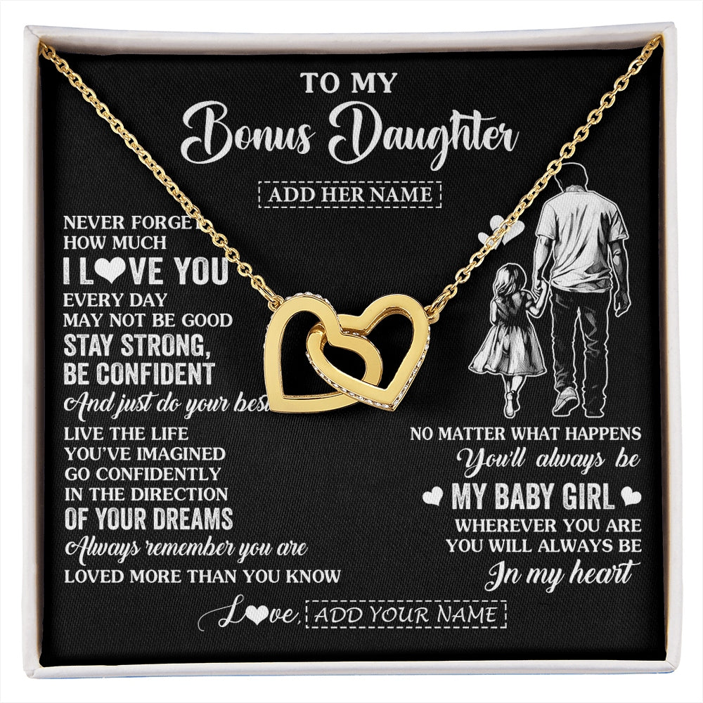 Interlocking Hearts Necklace 18K Yellow Gold Finish | 1 | Personalized To My Bonus Daughter Gifts From Stepdad Necklace Never Forget How Much I Love You Stepdaughter Birthday Graduation Christmas Gift Box Message Card | https://siriusteestore.