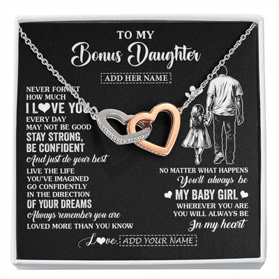 Interlocking Hearts Necklace Stainless Steel & Rose Gold Finish | 1 | Personalized To My Bonus Daughter Gifts From Stepdad Necklace Never Forget How Much I Love You Stepdaughter Birthday Graduation Christmas Gift Box Message Card | https://siriusteestore.