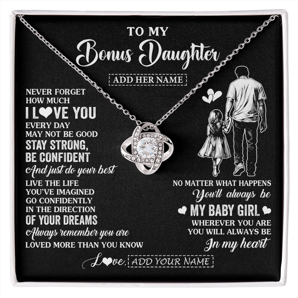 Love Knot Necklace 14K White Gold Finish | 1 | Personalized To My Bonus Daughter Gifts From Stepdad Necklace Never Forget How Much I Love You Stepdaughter Birthday Graduation Christmas Gift Box Message Card | https://siriusteestore.