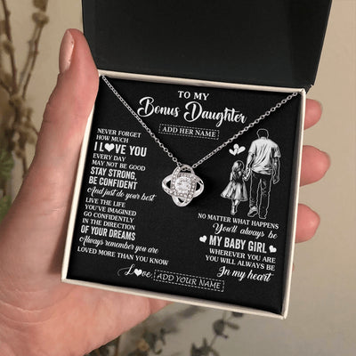 Love Knot Necklace 14K White Gold Finish | 2 | Personalized To My Bonus Daughter Gifts From Stepdad Necklace Never Forget How Much I Love You Stepdaughter Birthday Graduation Christmas Gift Box Message Card | https://siriusteestore.