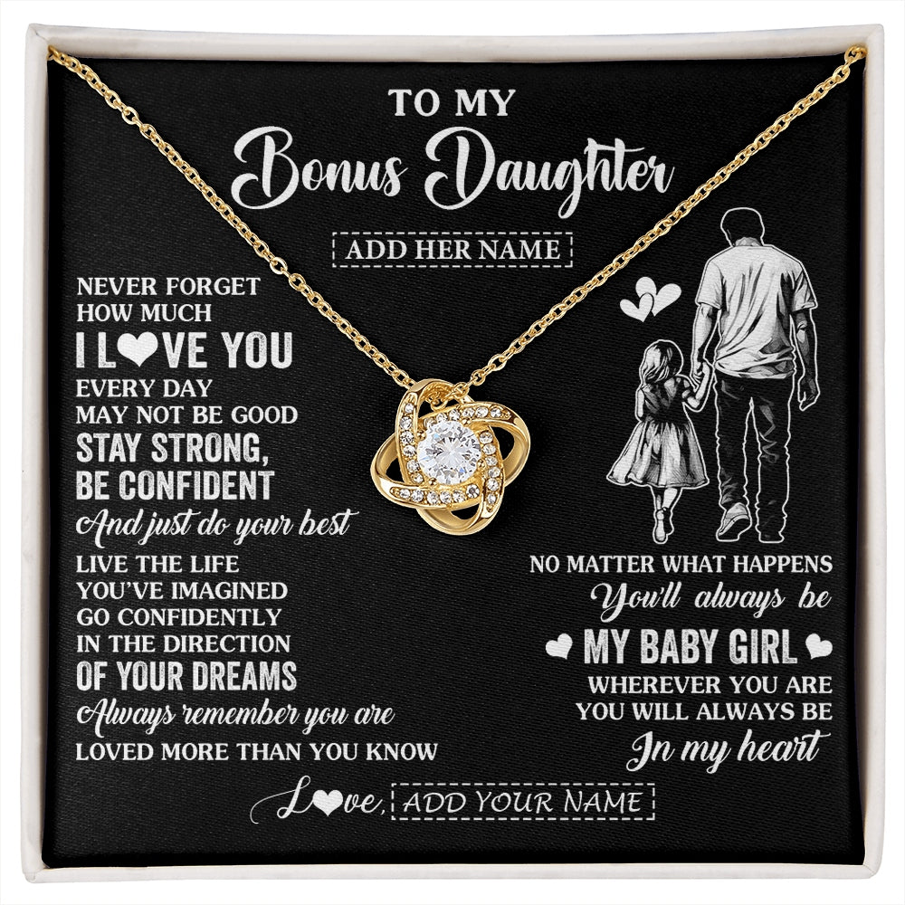 Love Knot Necklace 18K Yellow Gold Finish | 1 | Personalized To My Bonus Daughter Gifts From Stepdad Necklace Never Forget How Much I Love You Stepdaughter Birthday Graduation Christmas Gift Box Message Card | https://siriusteestore.