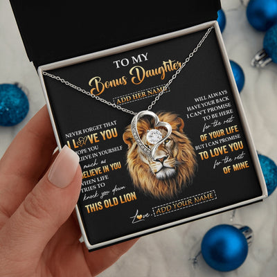 Forever Love Necklace 14K White Gold Finish | 2 | Personalized To My Bonus Daughter Gifts From Stepdad Necklace Old Lion Love You Stepdaughter Birthday Gifts Graduation Christmas Custom Gift Box Message Card | siriusteestore.myshopify